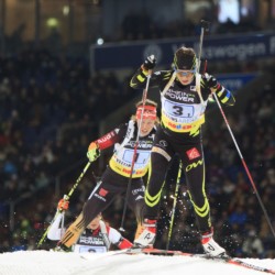 Anaïs Chevalier (FRA) führt vor Laura Dahlmeier (GER) und Katharina Innerhofer (AUT)